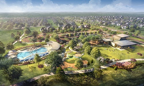 The Midline Club (opening Summer 2027): resort-style pool, splash pad, fitness center, co-working spaces, and an event lawn.